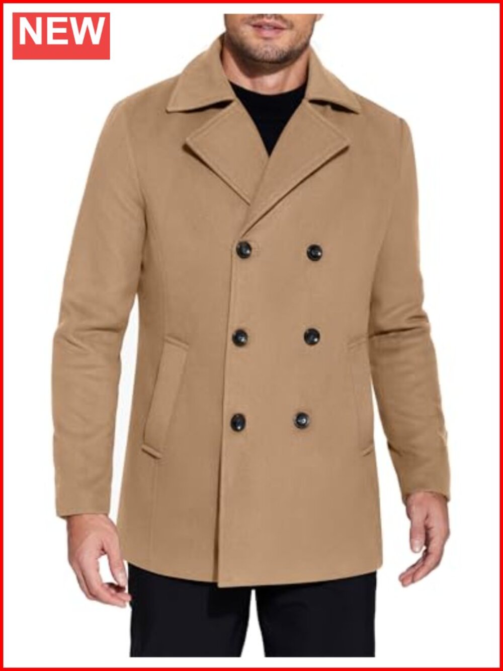 Mens Double Breasted Pea Coat Winter Overcoat Short Trench Notched Collar
